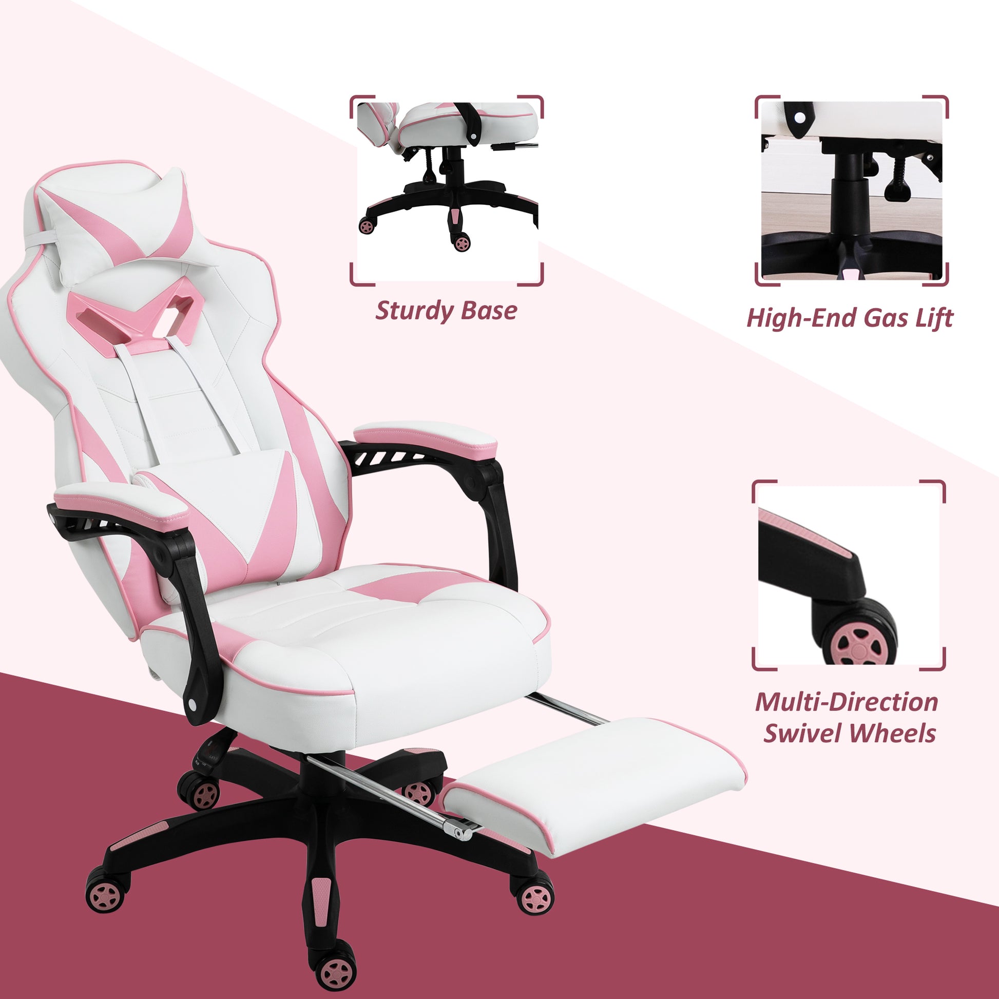 Image for Vinsetto Ergonomic Racing Gaming Chair Office Desk Chair Adjustable Height Recliner with Wheels, Headrest, Lumbar Support, Retractable Footrest, Pink