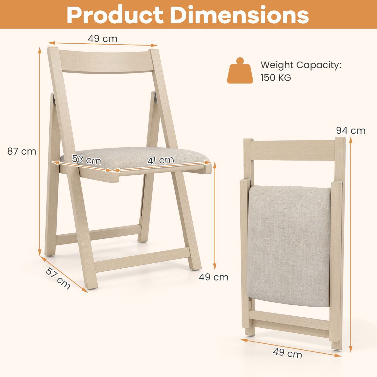 foldable_dining_chair_set_of_4_with_padded_seat_and_curved_backrest_beige-Dimensions and 150 kg weight capacity