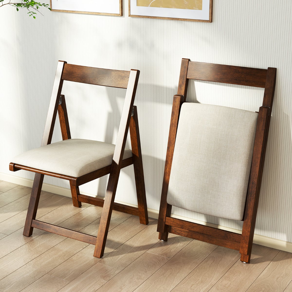foldable_dining_chair_set_of_4_with_padded_seat_and_curved_backrest_walnut  foldable for easy storage and handling. Open and folded chair 