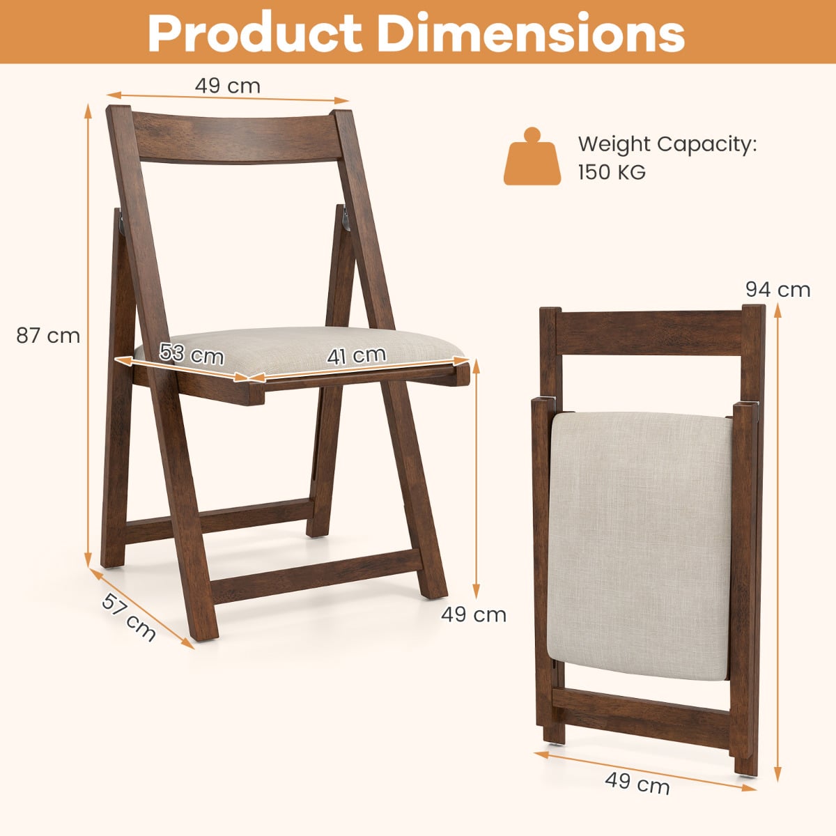 foldable_dining_chair_set_of_4_with_padded_seat_and_curved_backrest_walnut Dimensions and weight capacity 150 KG