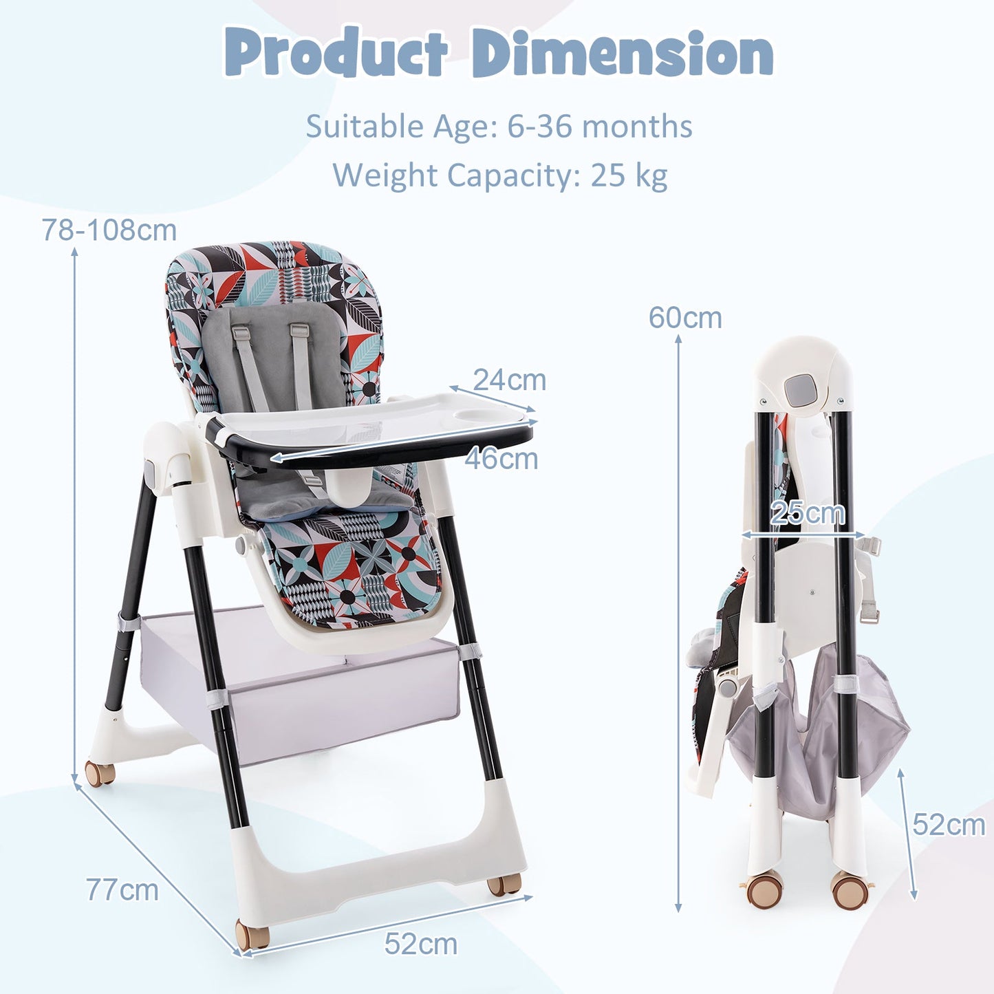 Folding Convertible Baby High Chair with Reclining Backrest - Light Grey - ChairwayUKBaby ChairAD10034GB - GRFolding Convertible Baby High Chair with Reclining Backrest - Light Grey