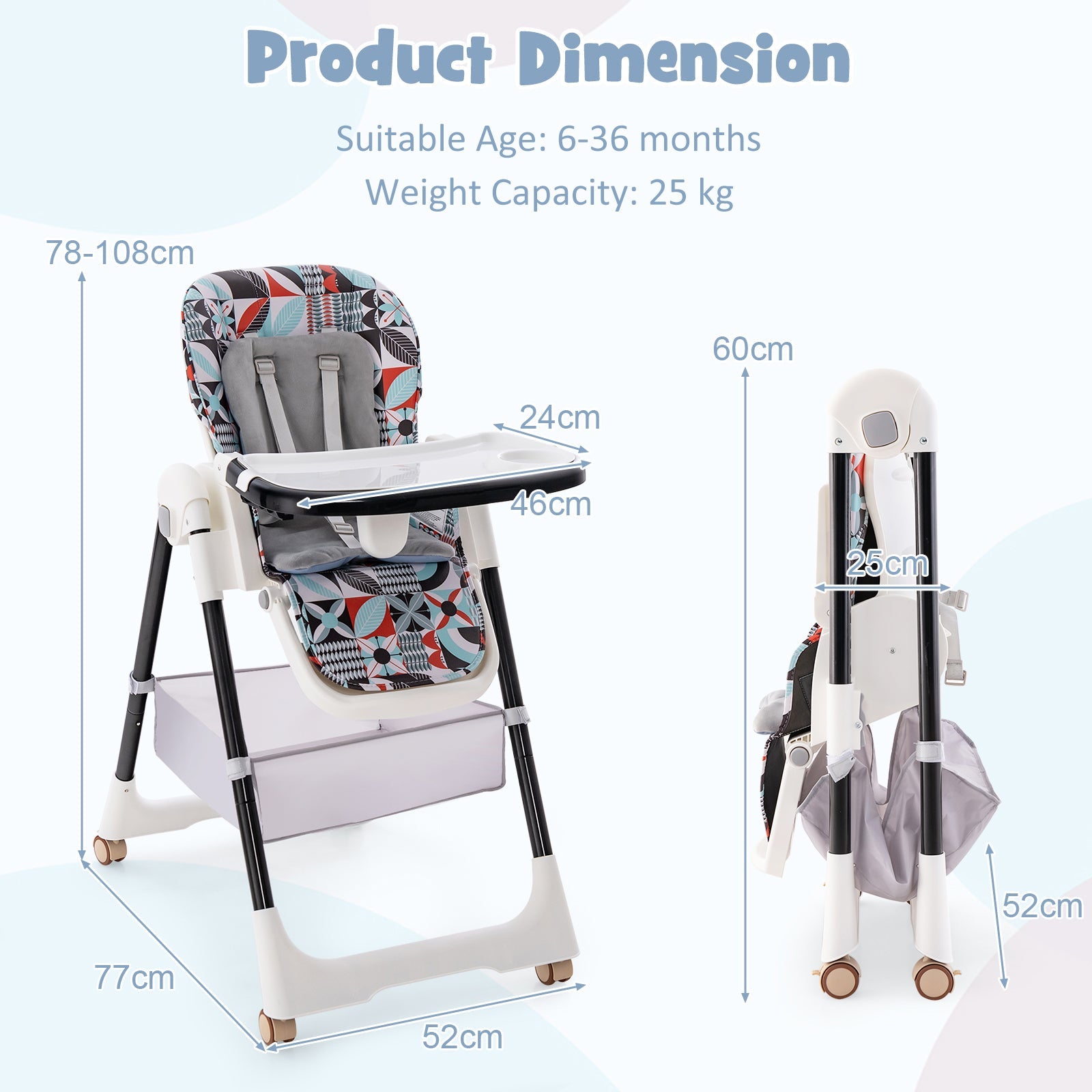 Folding Convertible Baby High Chair with Reclining Backrest - Light Grey - ChairwayUKBaby ChairAD10034GB - GRFolding Convertible Baby High Chair with Reclining Backrest - Light Grey