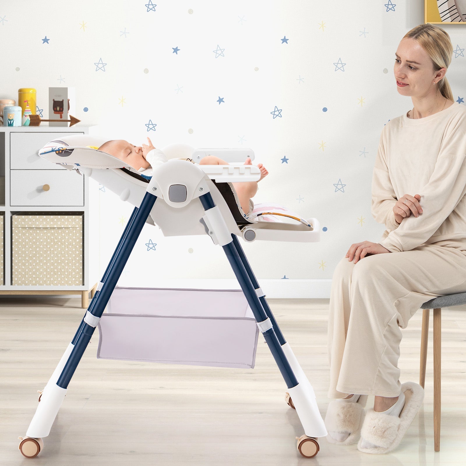 Folding Convertible Baby High Chair with Reclining Backrest - Light Grey - ChairwayUKBaby ChairAD10034GB - GRFolding Convertible Baby High Chair with Reclining Backrest - Light Grey