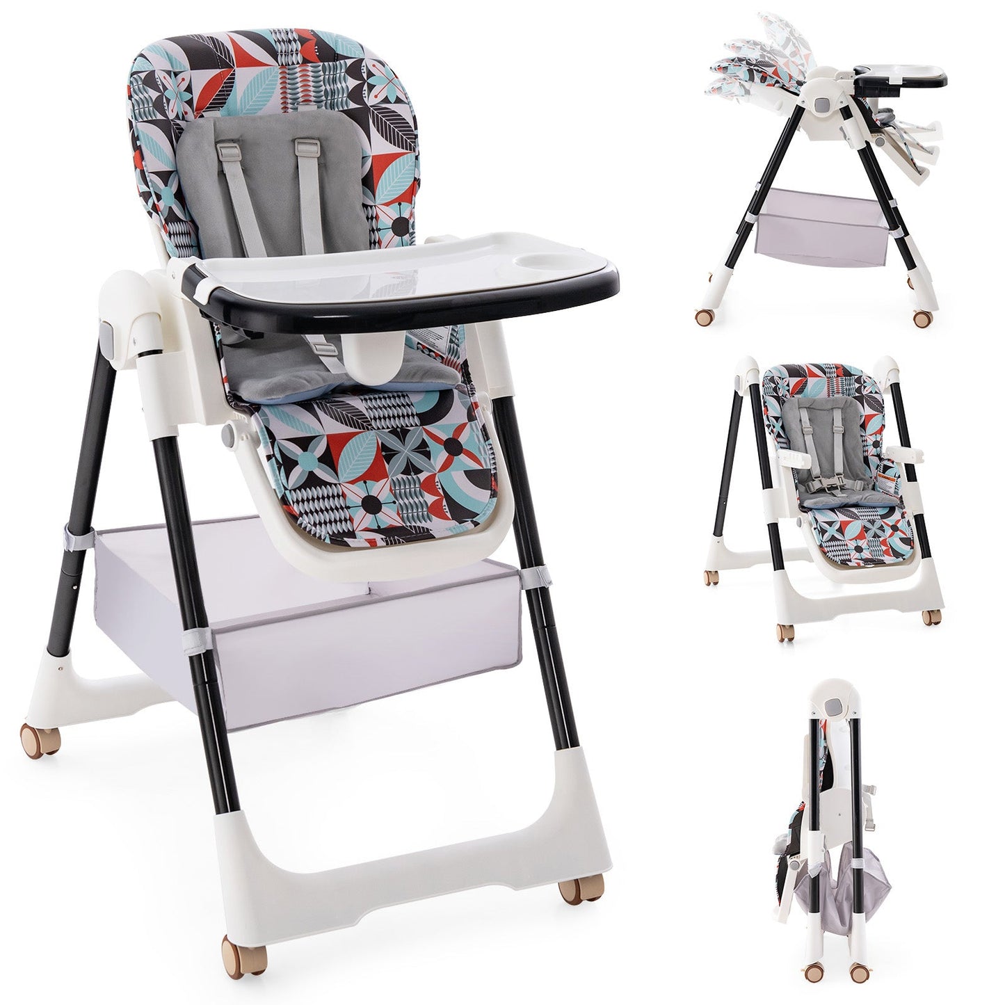 Folding Convertible Baby High Chair with Reclining Backrest - Light Grey - ChairwayUKBaby ChairAD10034GB - GRFolding Convertible Baby High Chair with Reclining Backrest - Light Grey