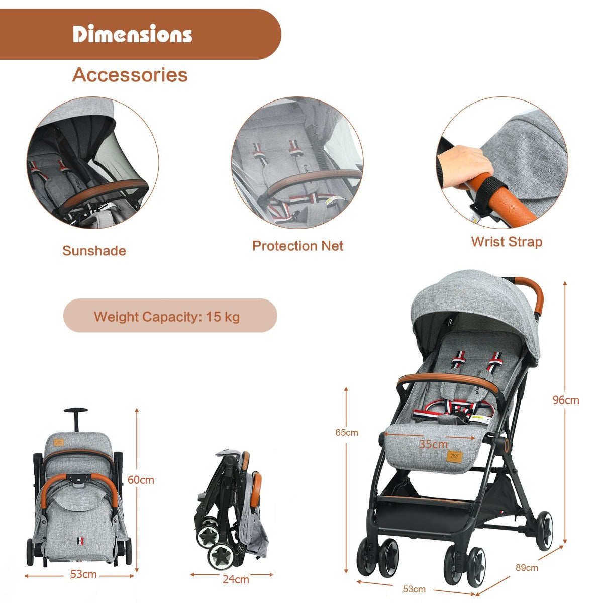 folding_pushchair_with_adjustable_backrest_and_footrest_grey Parent-approved convenience: Lightweight frame and carry-along pull rod