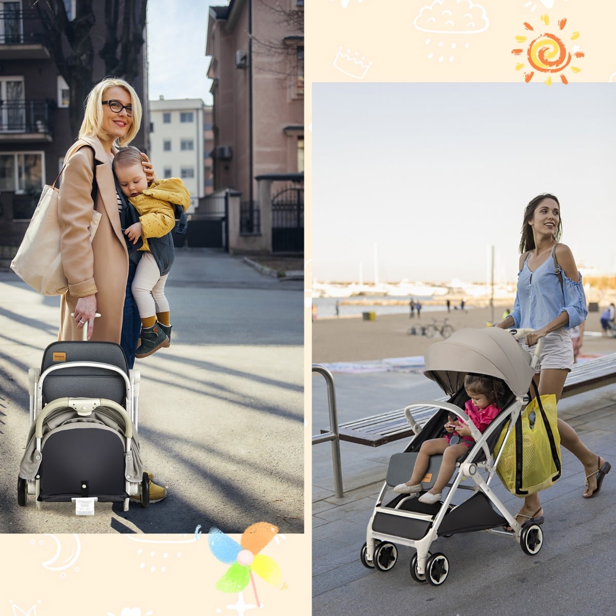 folding_pushchair_with_adjustable_backrest_and_footrest_Light greay Smooth scrolling and easy folding based on your needs
