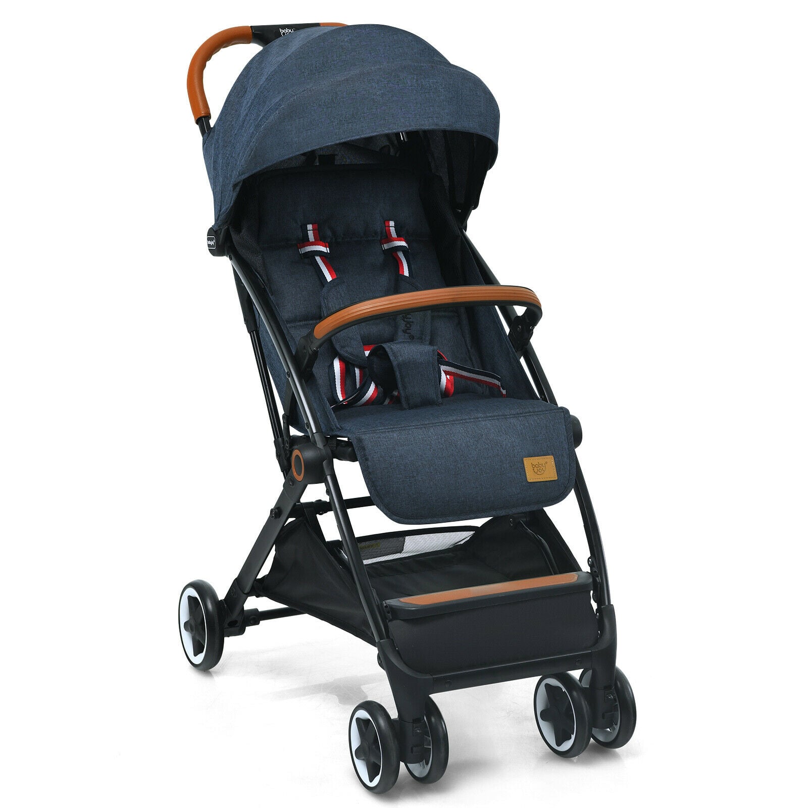 folding_pushchair_with_adjustable_backrest_and_footrest_navy_Safe secure: 5-point harness and rear foot brake offer peace of mind