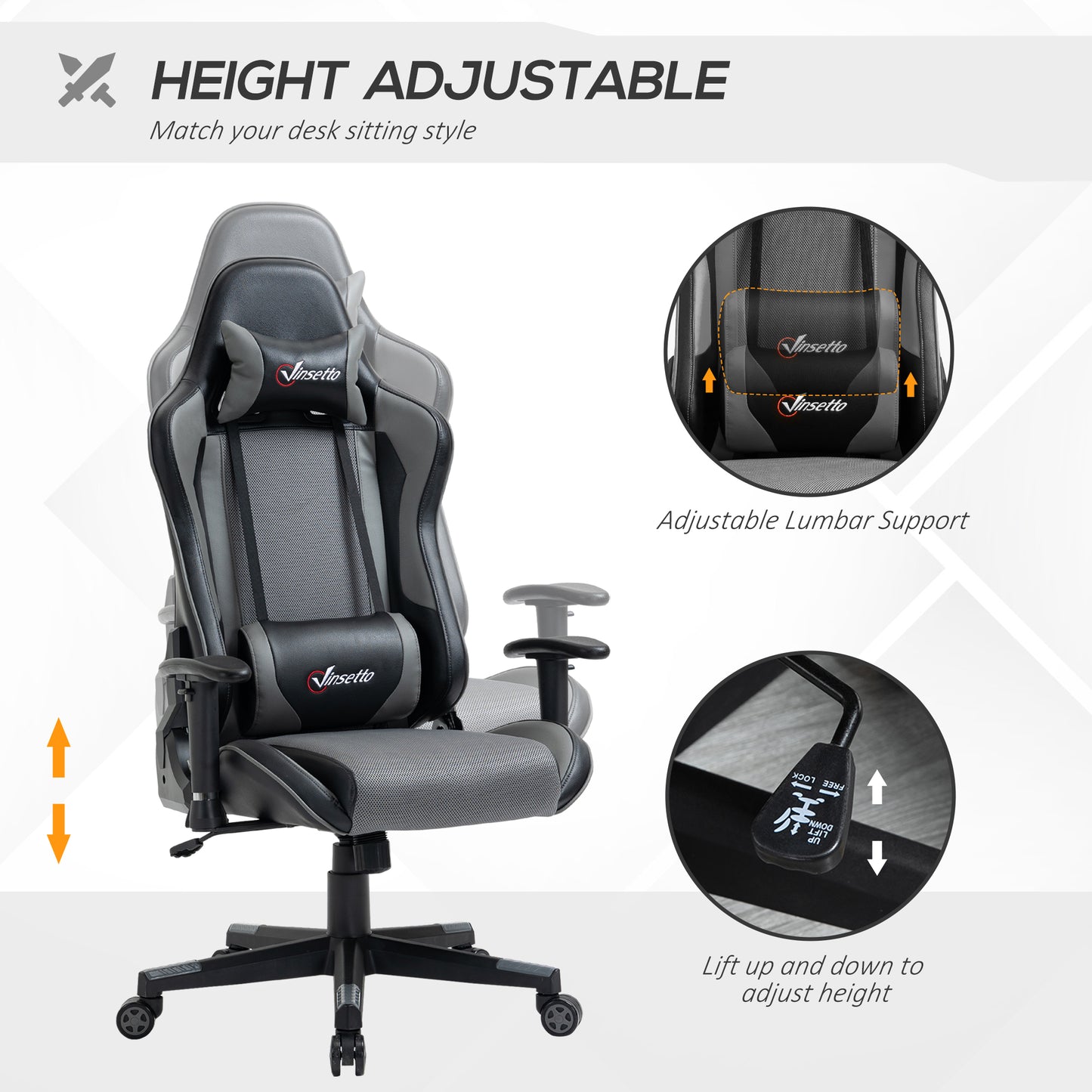 Image for Vinsetto Gaming Chair Racing Style Ergonomic Office Chair High Back Computer Desk Chair Adjustable Height Swivel Recliner with Lumbar Support, Grey