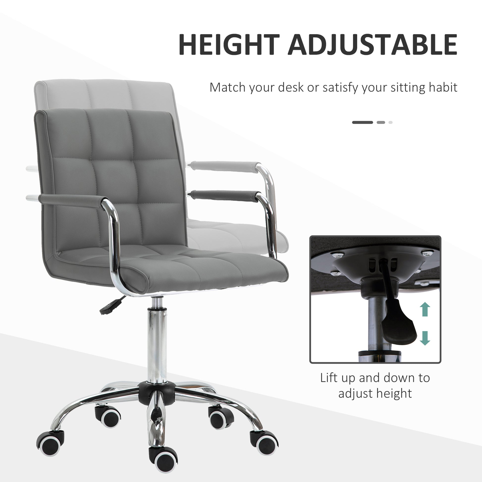 Image for Vinsetto Mid Back PU Leather Home Office Desk Chair Swivel Computer Chair with Arm, Wheels, Adjustable Height, Grey