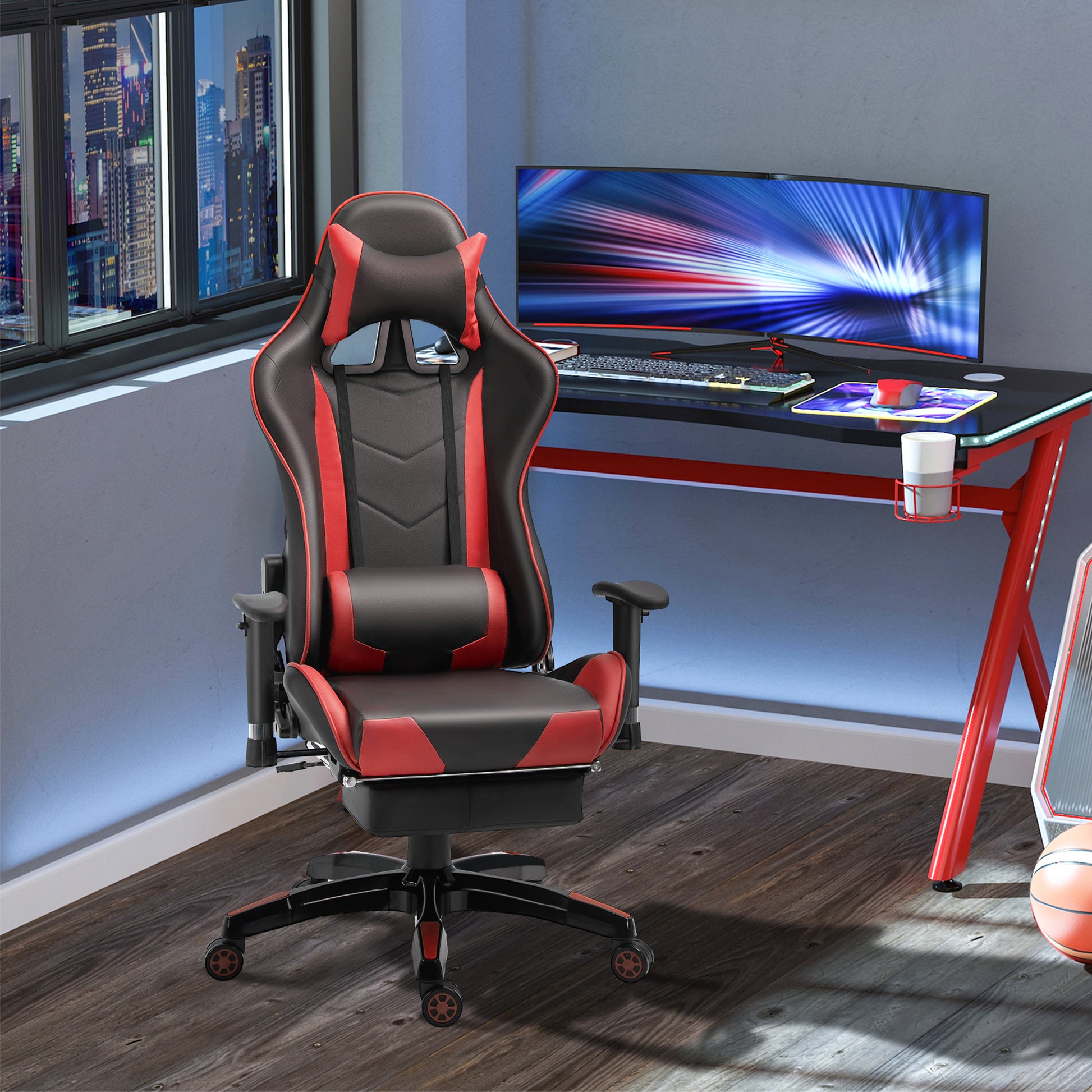 Image for HOMCOM High-Back Gaming Chair Swivel Home Office Computer Racing Gamer Recliner Chair Faux Leather with Footrest, Wheels, Red Black