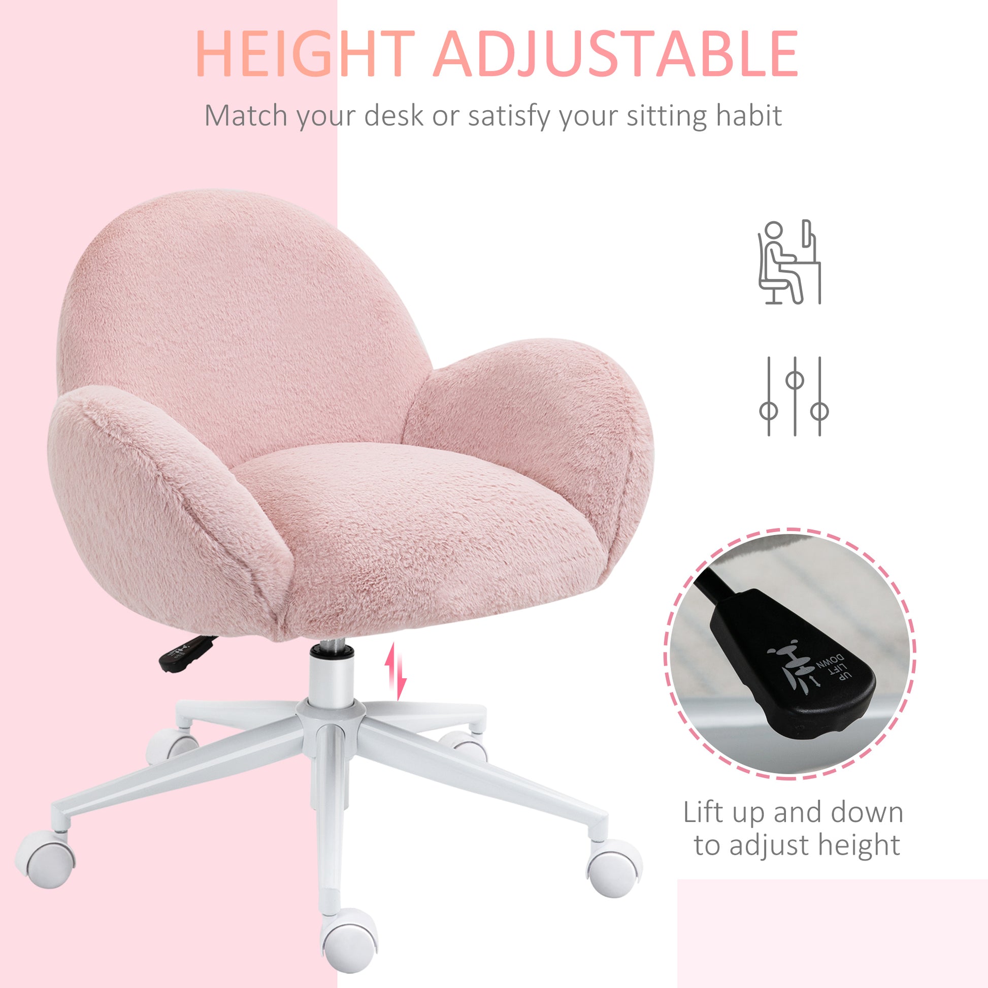 Image for HOMCOM Fluffy Leisure Chair Office Chair with Backrest and Armrest for Home Bedroom Living Room with Wheels Pink