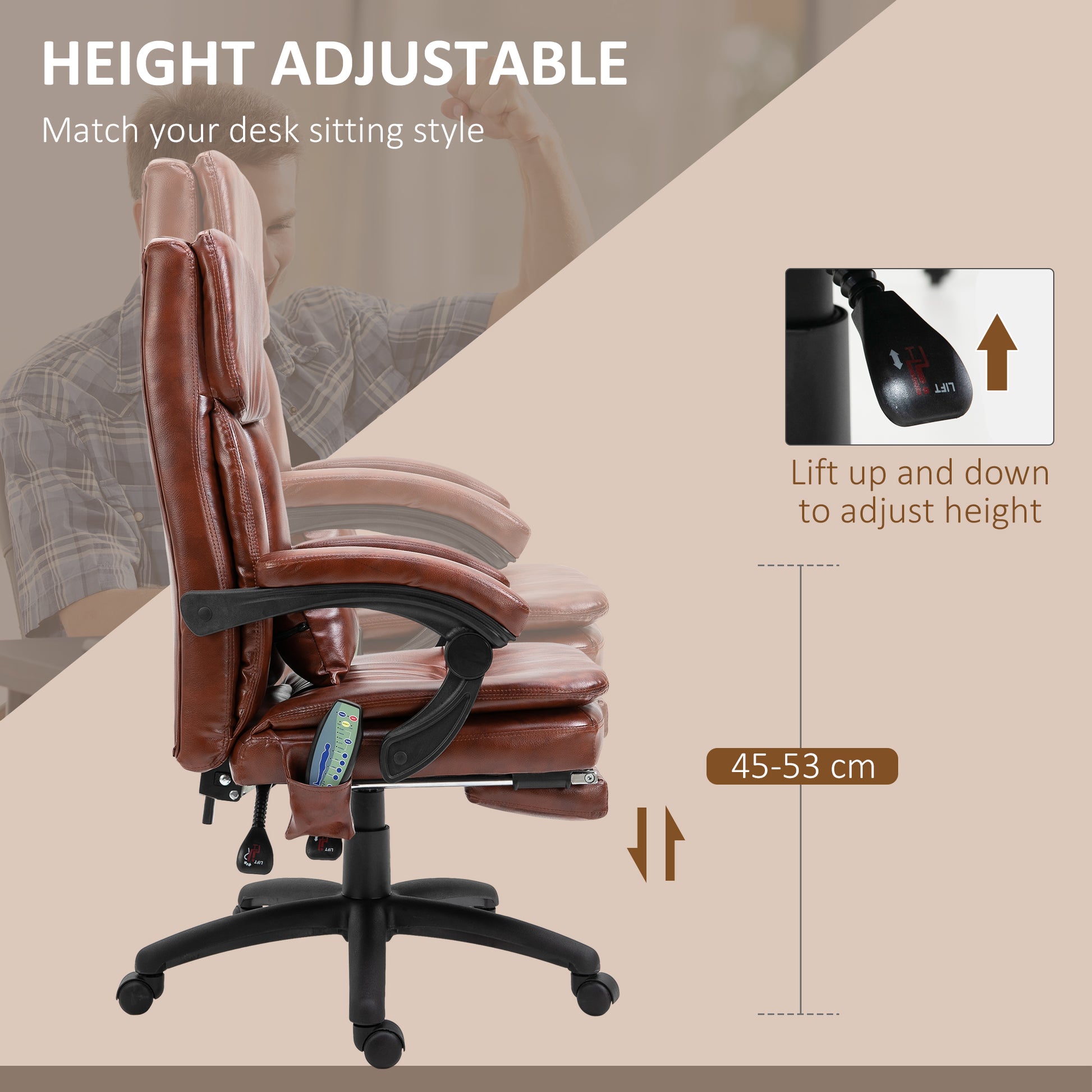 Image for Vinsetto High Back Office Chair, Gaming Recliner Chair with Footrest, 7 Massage Points, Adjustable Height, Reclining Back, PU Leather, Brown