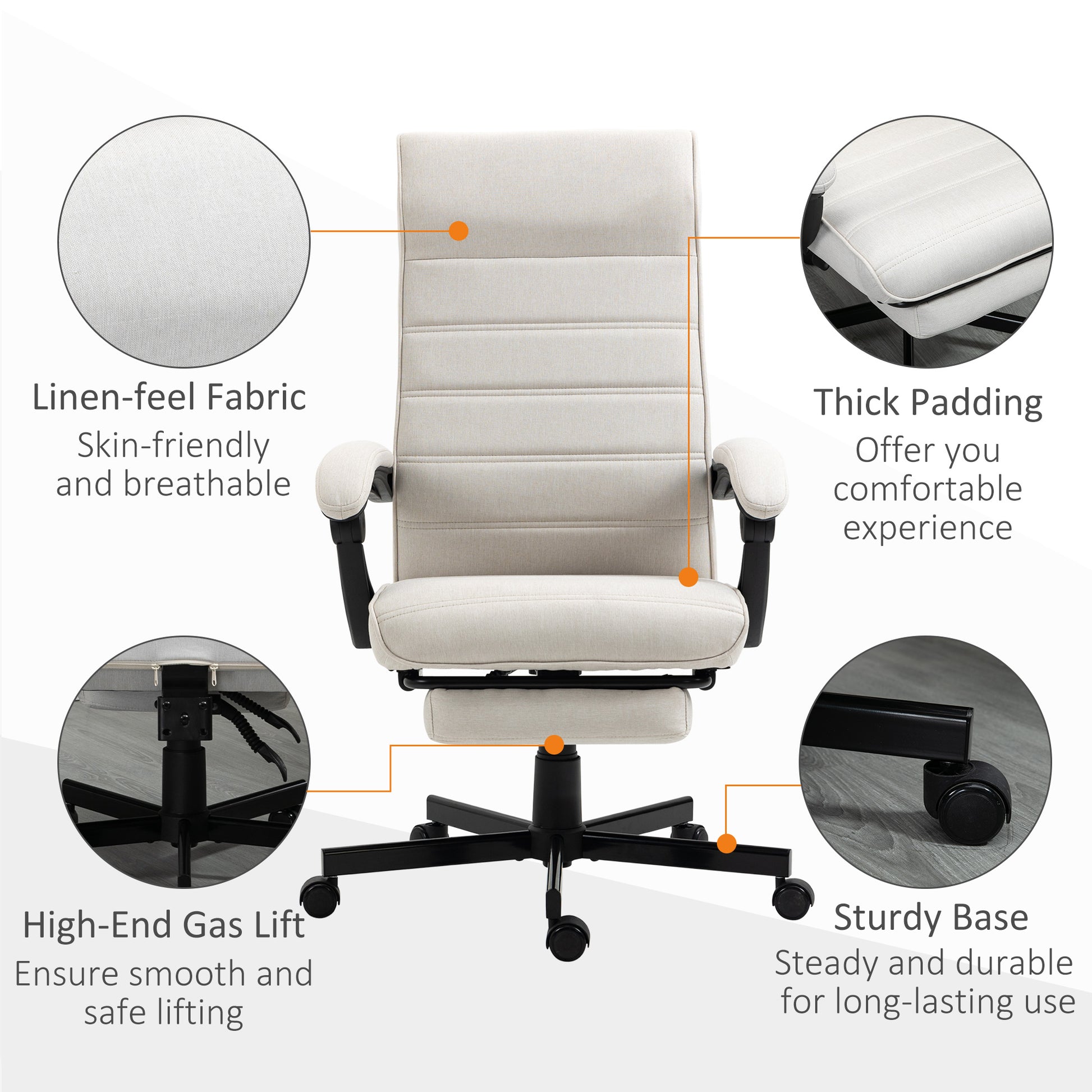 Image for Vinsetto High-Back Home Office Chair, Linen Swivel Reclining Chair with Adjustable Height, Footrest and Padded Armrest for Living Room Cream White