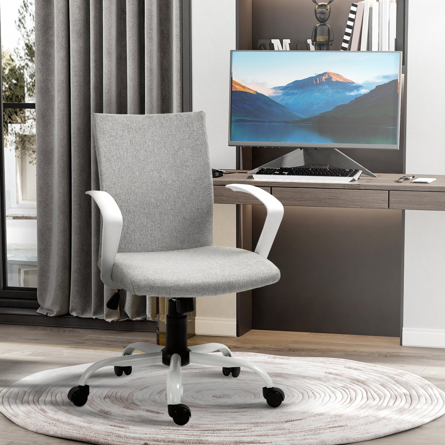 Image for Vinsetto Office Chair Linen Swivel Computer Desk Chair Home Study Task Chair with Wheels, Arm, Adjustable Height, Light Grey