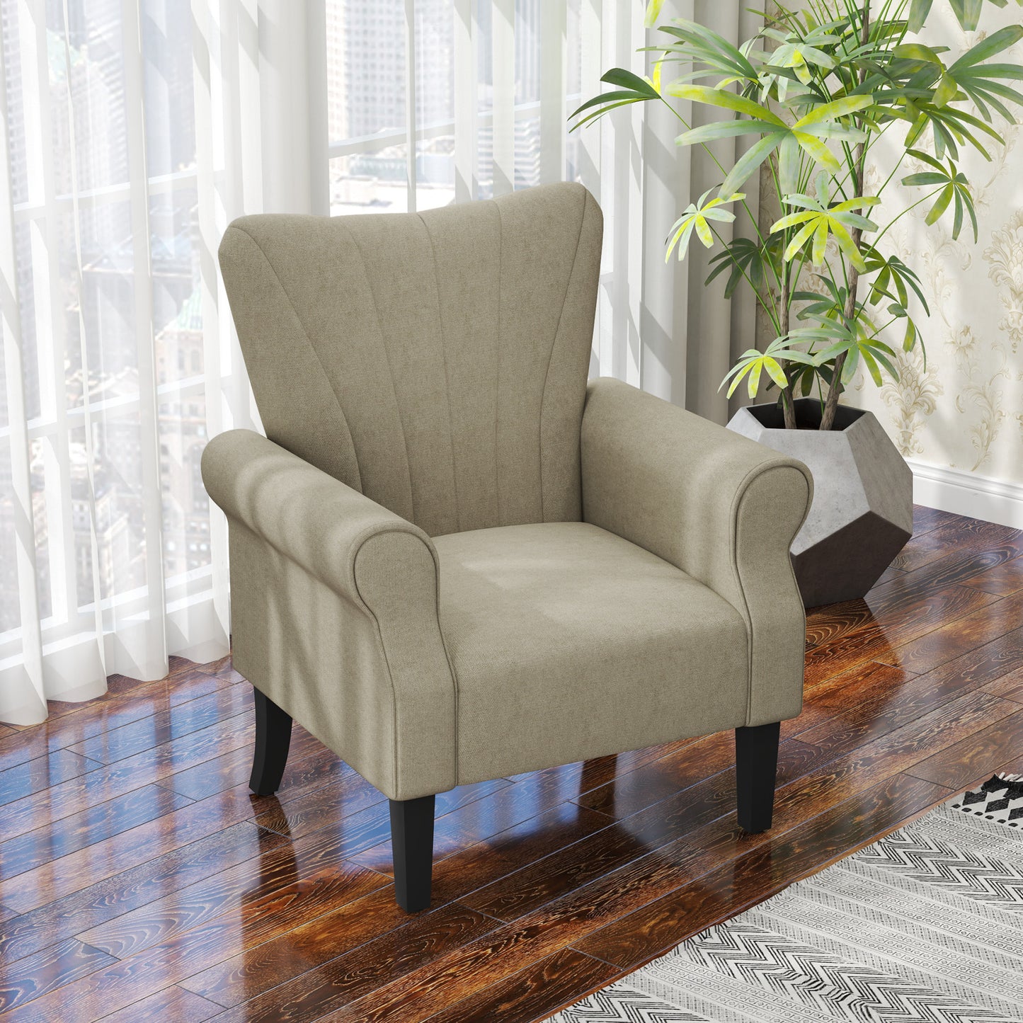 HOMCOM Upholstered Accent Chair with Rolled Arms and Wood Legs, Armchair for Living Room Bedroom, Grey