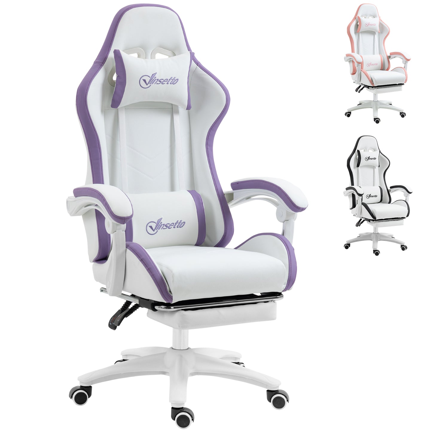 Image for Vinsetto Racing Gaming Chair, Reclining PU Leather Computer Chair with 360 Degree Swivel Seat, Footrest, Removable Headrest and Lumber Support, Purple