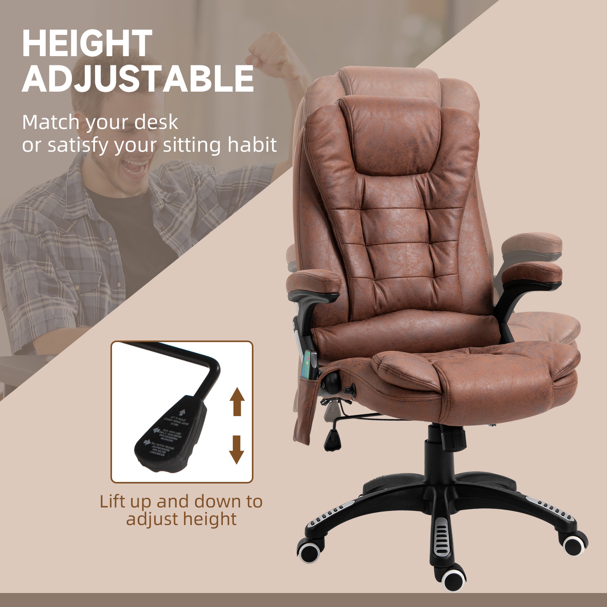 Image for Vinsetto Massage Recliner Chair Heated Office Chair with Six Massage Points Microfiber Cloth 360° Swivel Wheels Brown