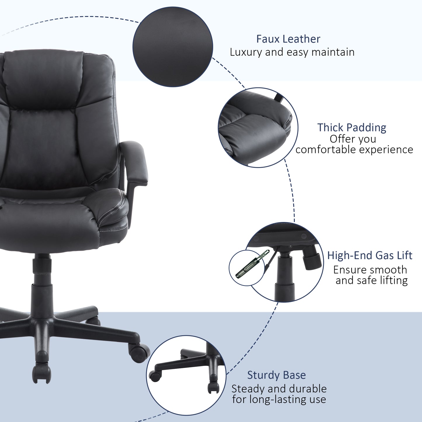 Image for HOMCOM Swivel Executive Office Chair Mid Back Faux Leather Computer Desk Chair for Home with Double-Tier Padding, Arm, Wheels, Black