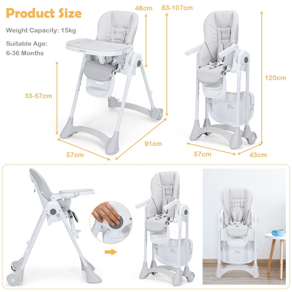 Height Adjustable Folding Highchair for Baby Toddler - Grey - ChairwayUKBaby ChairAD10006GRHeight Adjustable Folding Highchair for Baby Toddler - Grey