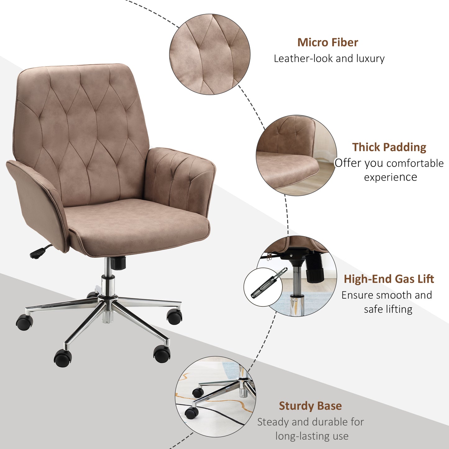 Image for Vinsetto Micro Fibre Office Chair Mid Back Computer Desk Chair with Adjustable Seat, Arm, Brown