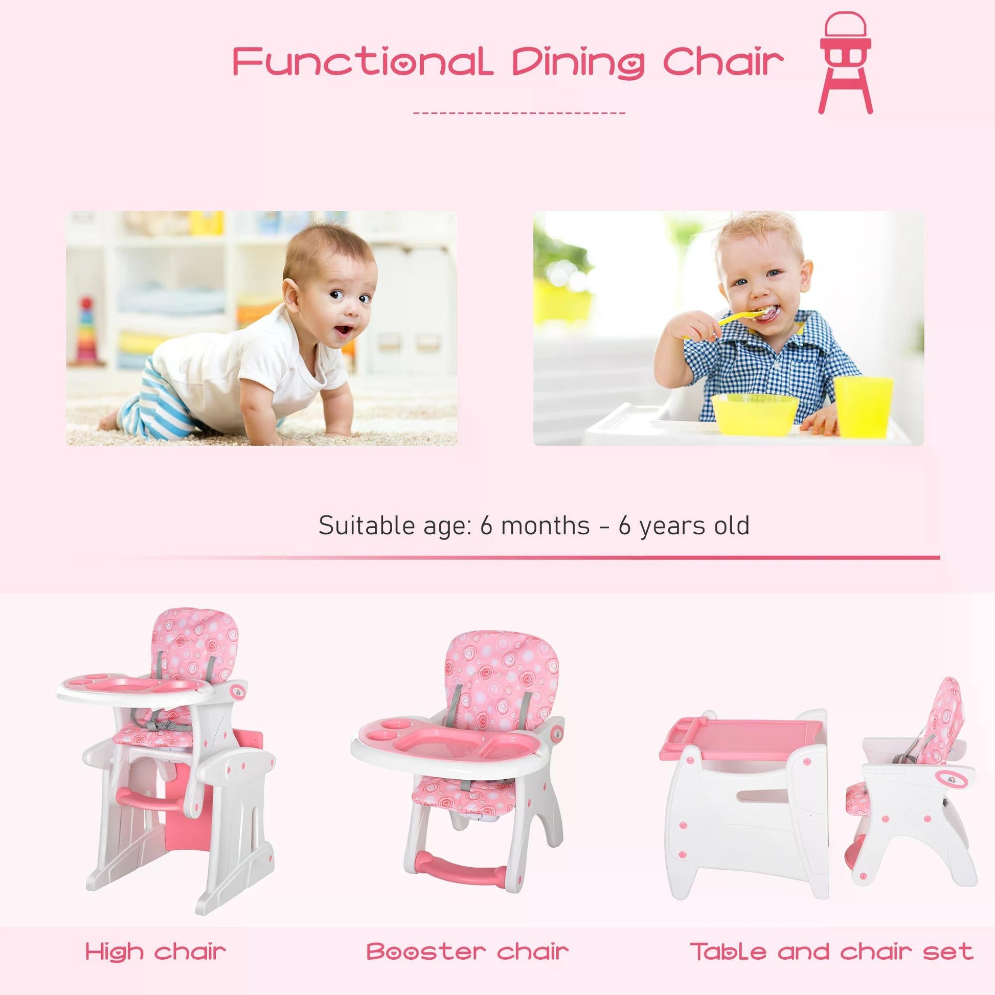 HOMCOM HDPE 3 - in - 1 Baby Booster High Chair Pink - ChairwayUKBaby Chair420 - 008pkHOMCOM HDPE 3 - in - 1 Baby Booster High Chair Pink