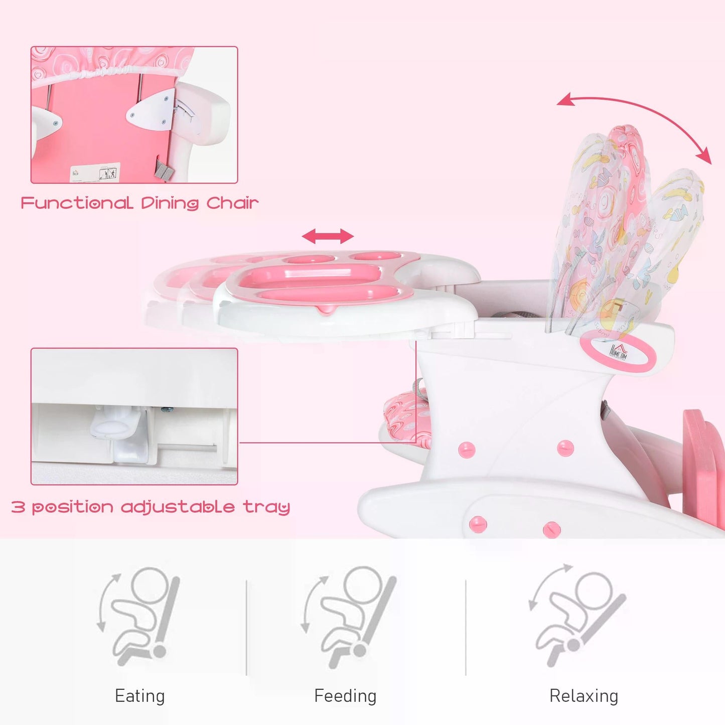 HOMCOM HDPE 3 - in - 1 Baby Booster High Chair Pink - ChairwayUKBaby Chair420 - 008pkHOMCOM HDPE 3 - in - 1 Baby Booster High Chair Pink