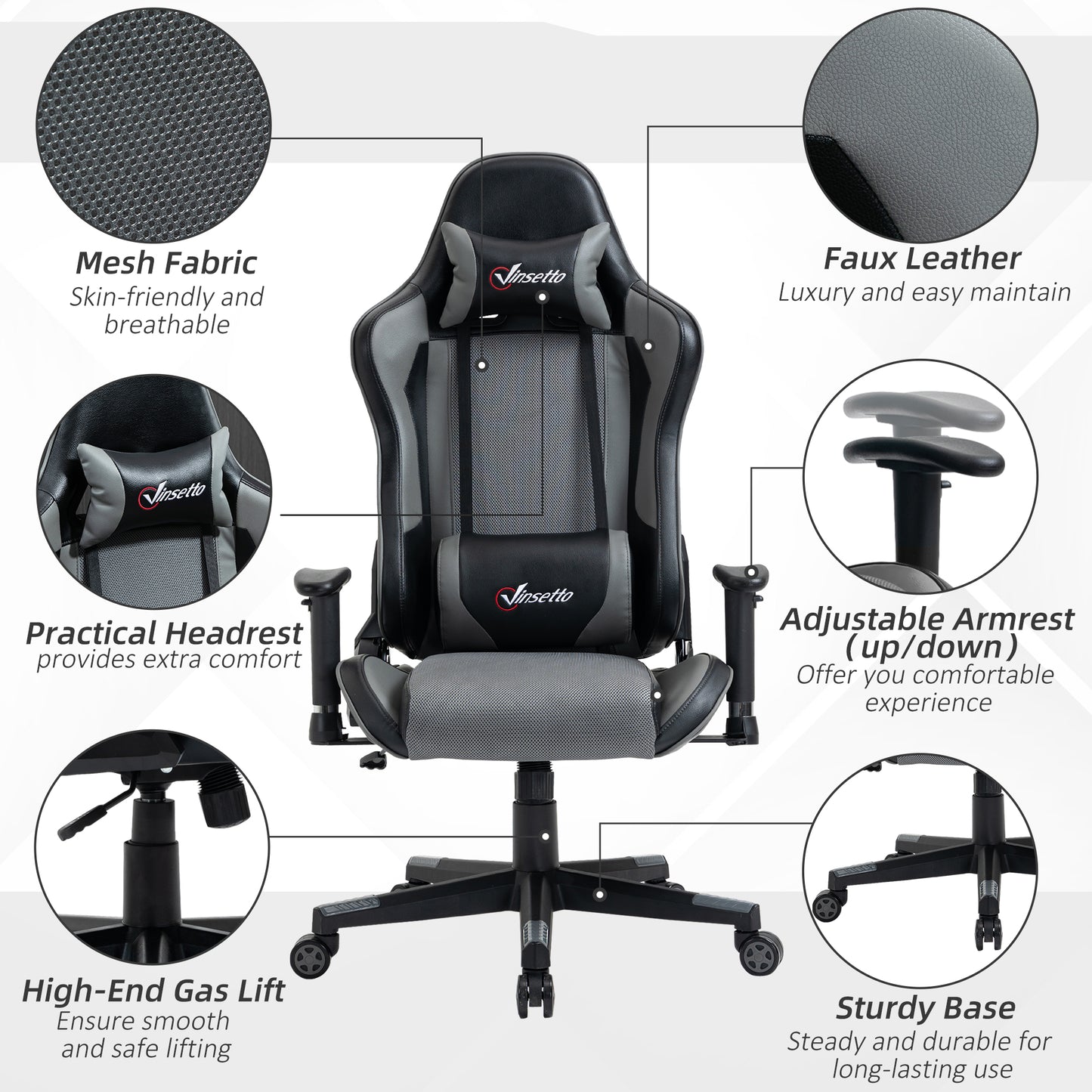 Image for Vinsetto Gaming Chair Racing Style Ergonomic Office Chair High Back Computer Desk Chair Adjustable Height Swivel Recliner with Lumbar Support, Grey