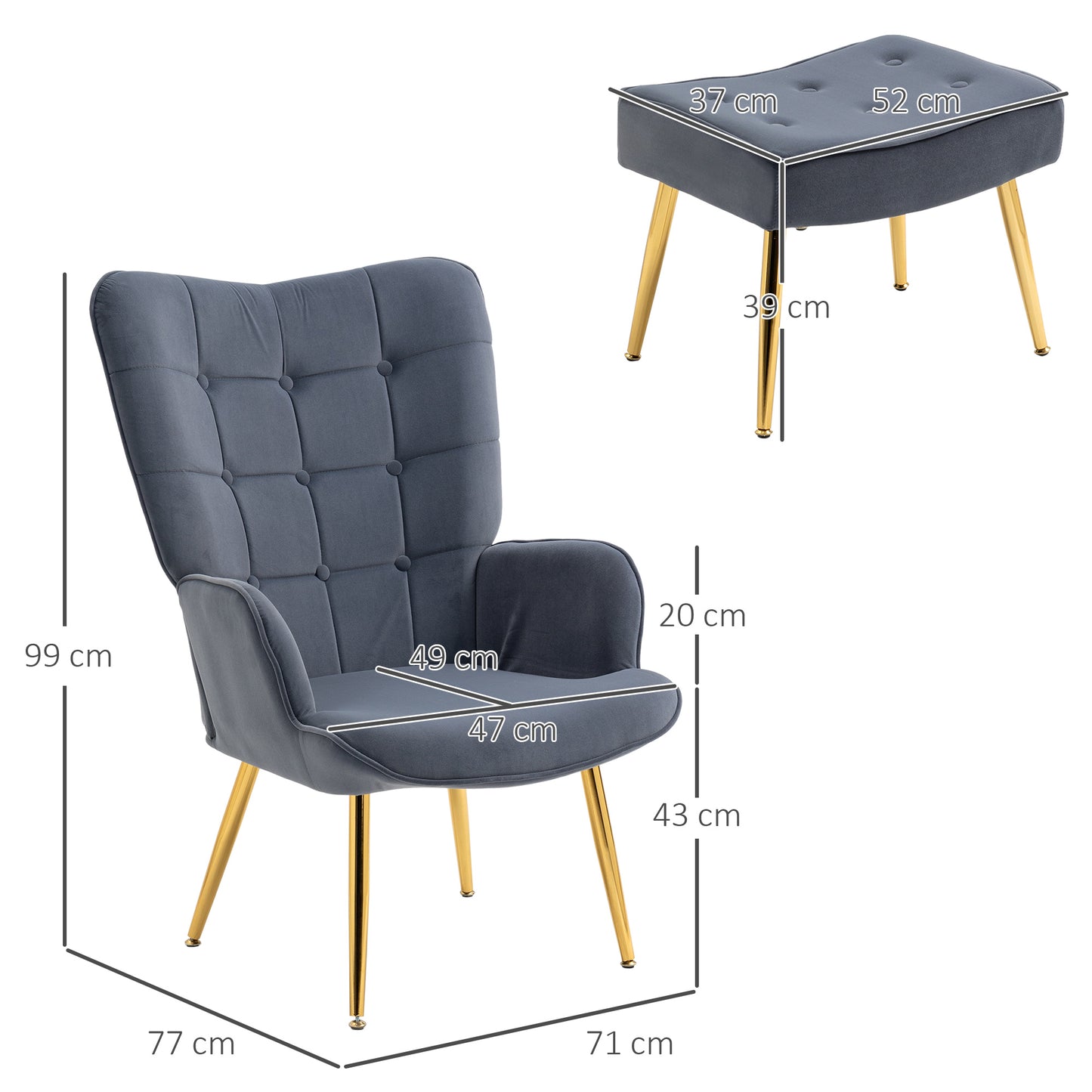 Modern Armchair with Footstool, Upholstered Accent Chair with Ottoman, Steel Legs, Velvet Wingback Chair for Living Room, Bedroom, Home Study