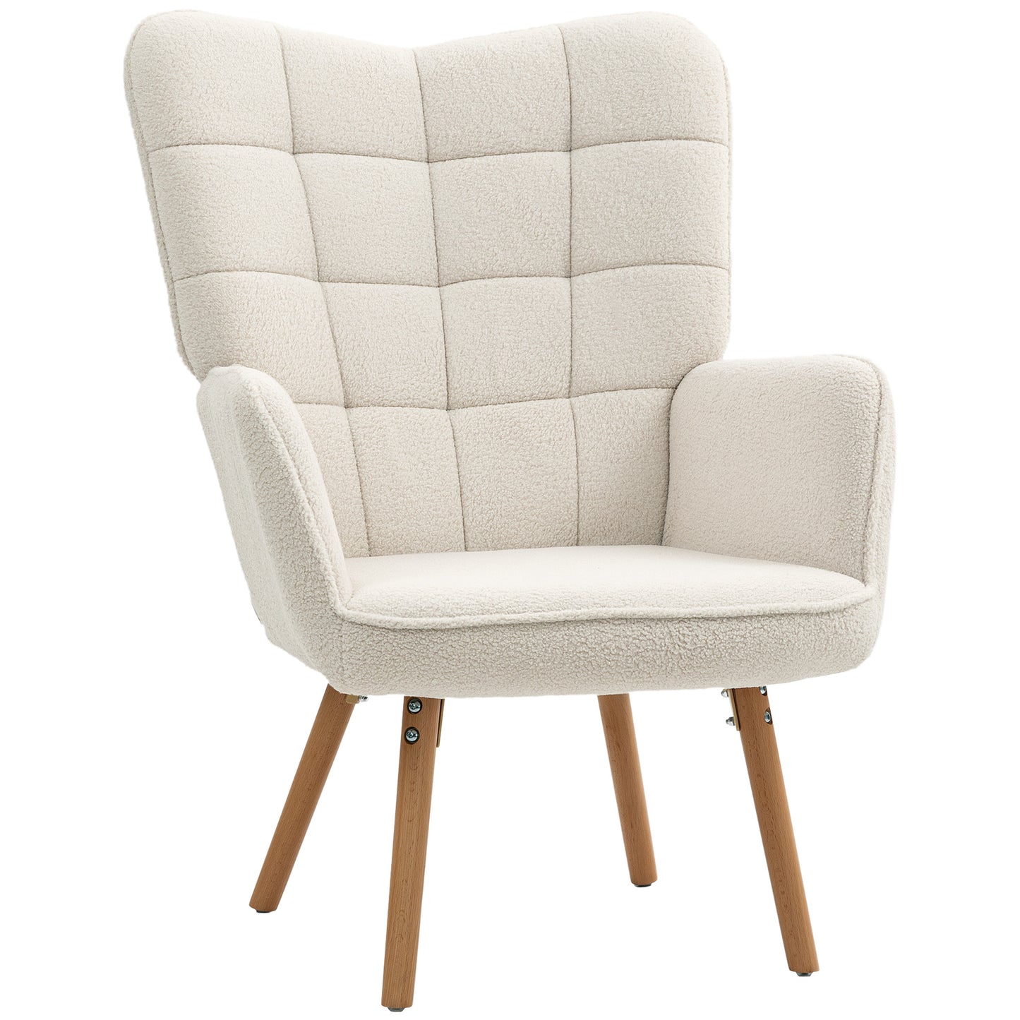 HOMCOM Modern Accent Chair, Upholstered Tufted Wingback Armchair with Seat Padding, Teddy Fleece Leisure Lounge Bedroom Chair with Wood Legs, Cream White - ChairwayUK