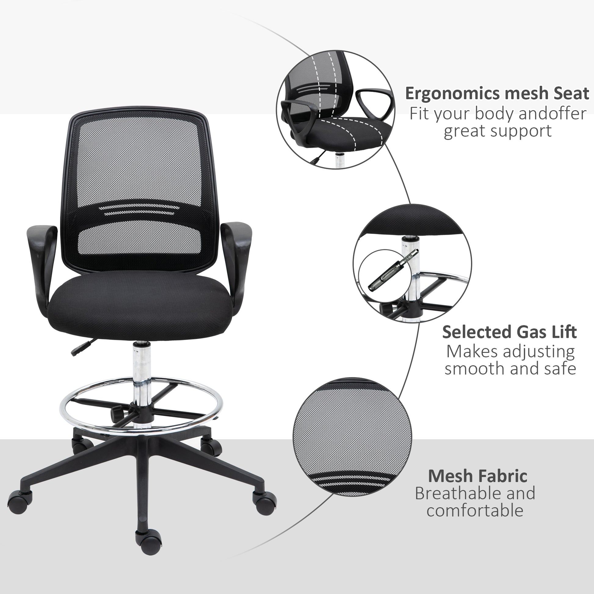 Image for Vinsetto Ergonomic Mesh Back Drafting Chair Tall Office Chair with Adjustable Height and Footrest 360° Swivel