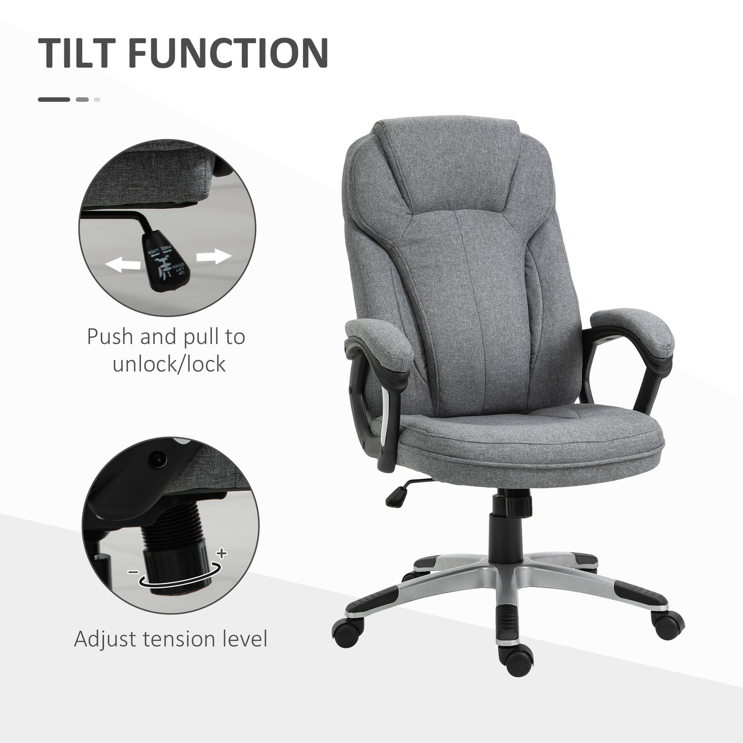 Image for Vinsetto Swivel Chair Linen Fabric Home Office Chair, Height Adjustable Computer Chair with Padded Armrests and Tilt Function, Grey