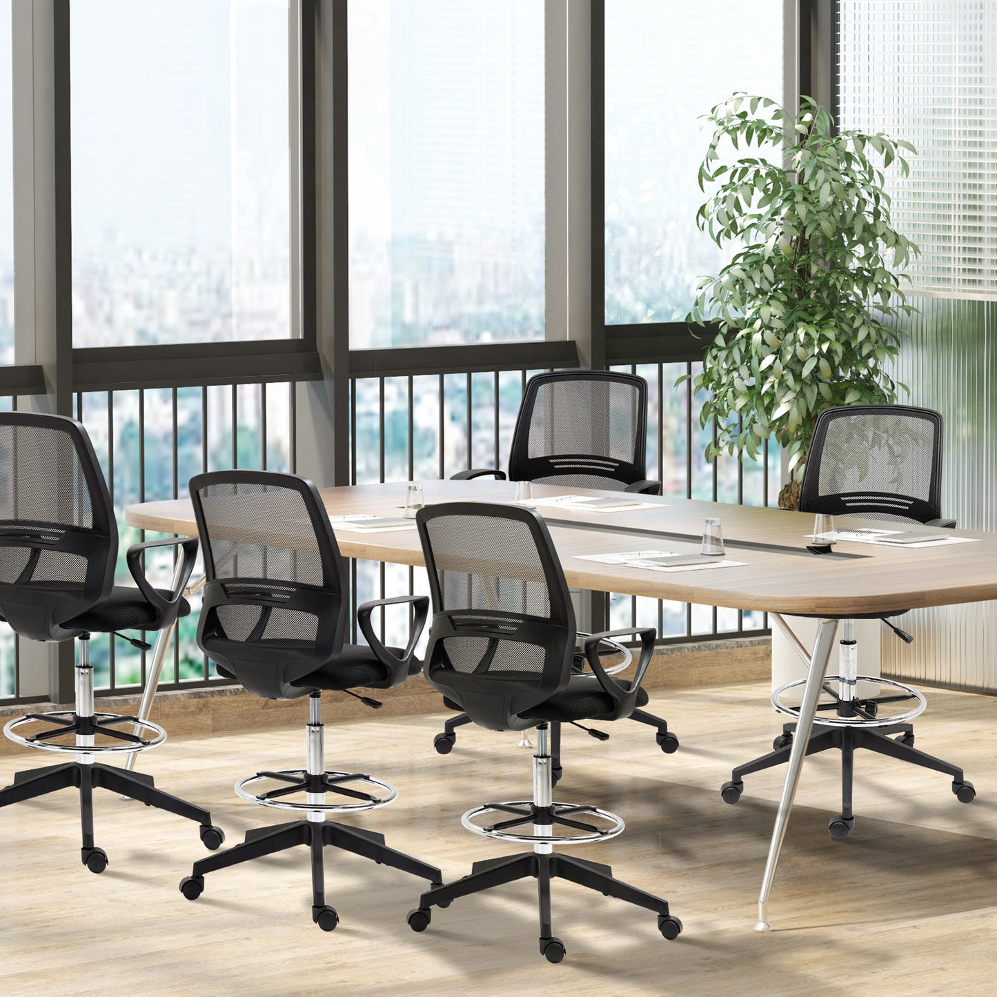 Image for Vinsetto Ergonomic Mesh Back Draughtsman Chairs Tall Office Chair with Adjustable Height and Footrest 360° Swivel, Set of 5