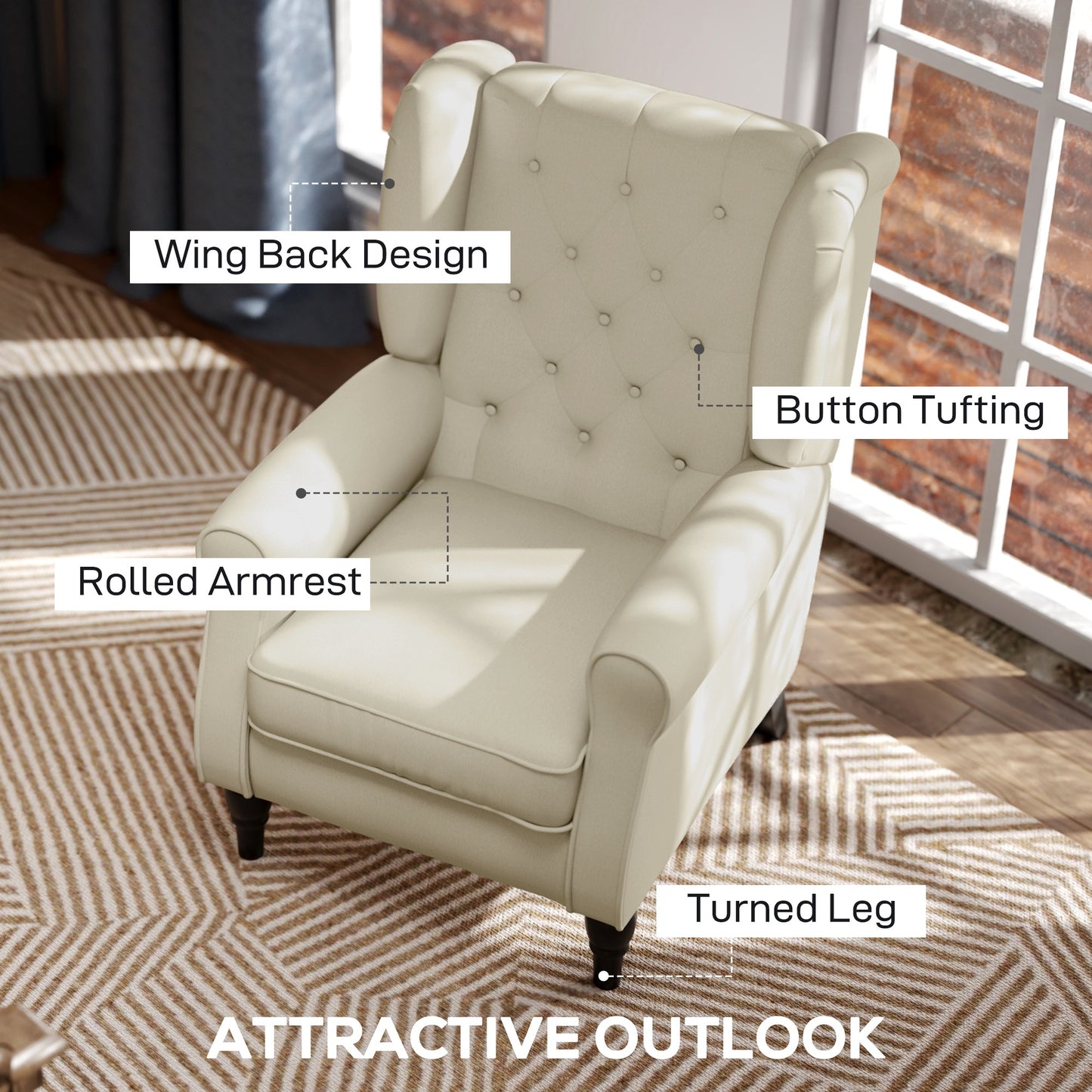 HOMCOM Retro Accent Chair, Wingback Armchair with Wood Frame Button Tufted Design for Living Room Bedroom - ChairwayUK