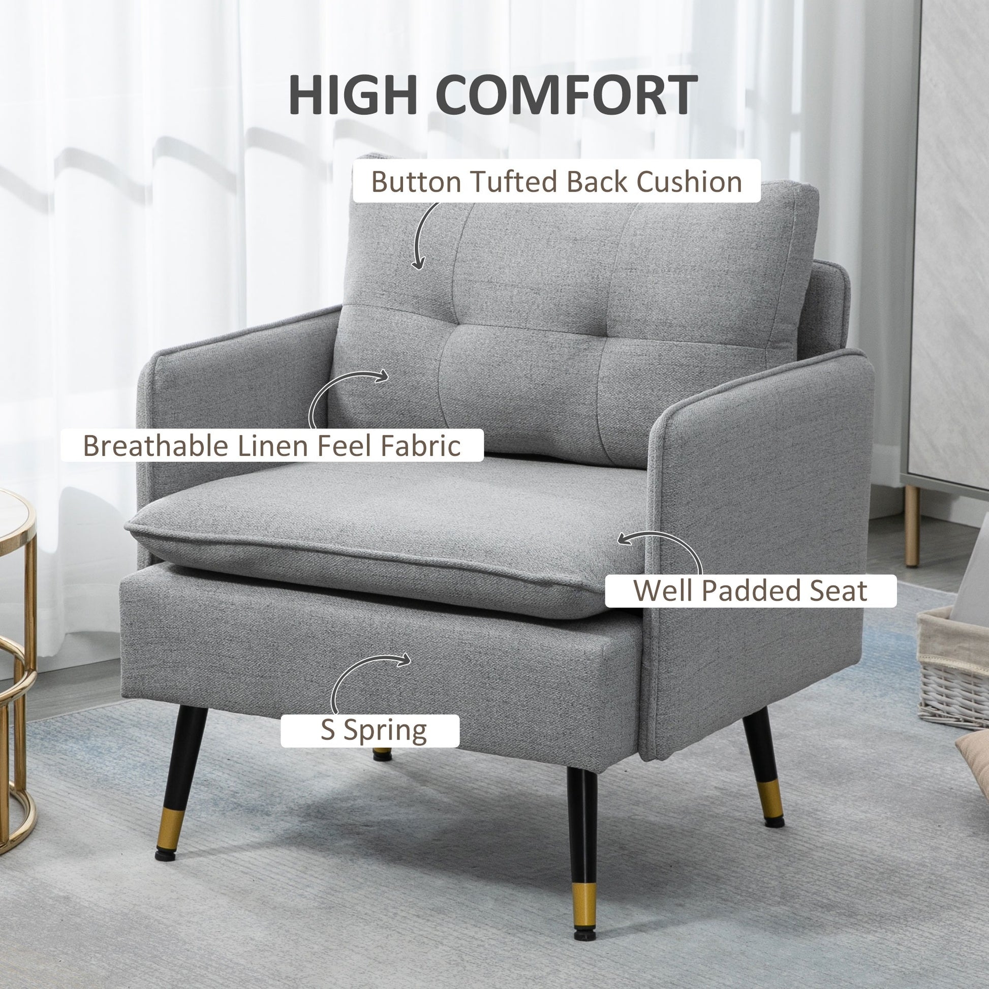 Modern Accent Chair, Upholstered Button Tufted Occasional Chair for Living Room and Bedroom, Grey - ChairwayUK