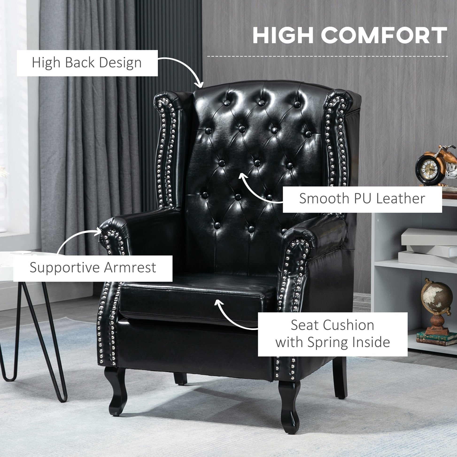 HOMCOM Wingback Accent Chair Tufted Chesterfield-style Armchair with Nail Head Trim for Living Room Bedroom - ChairwayUK