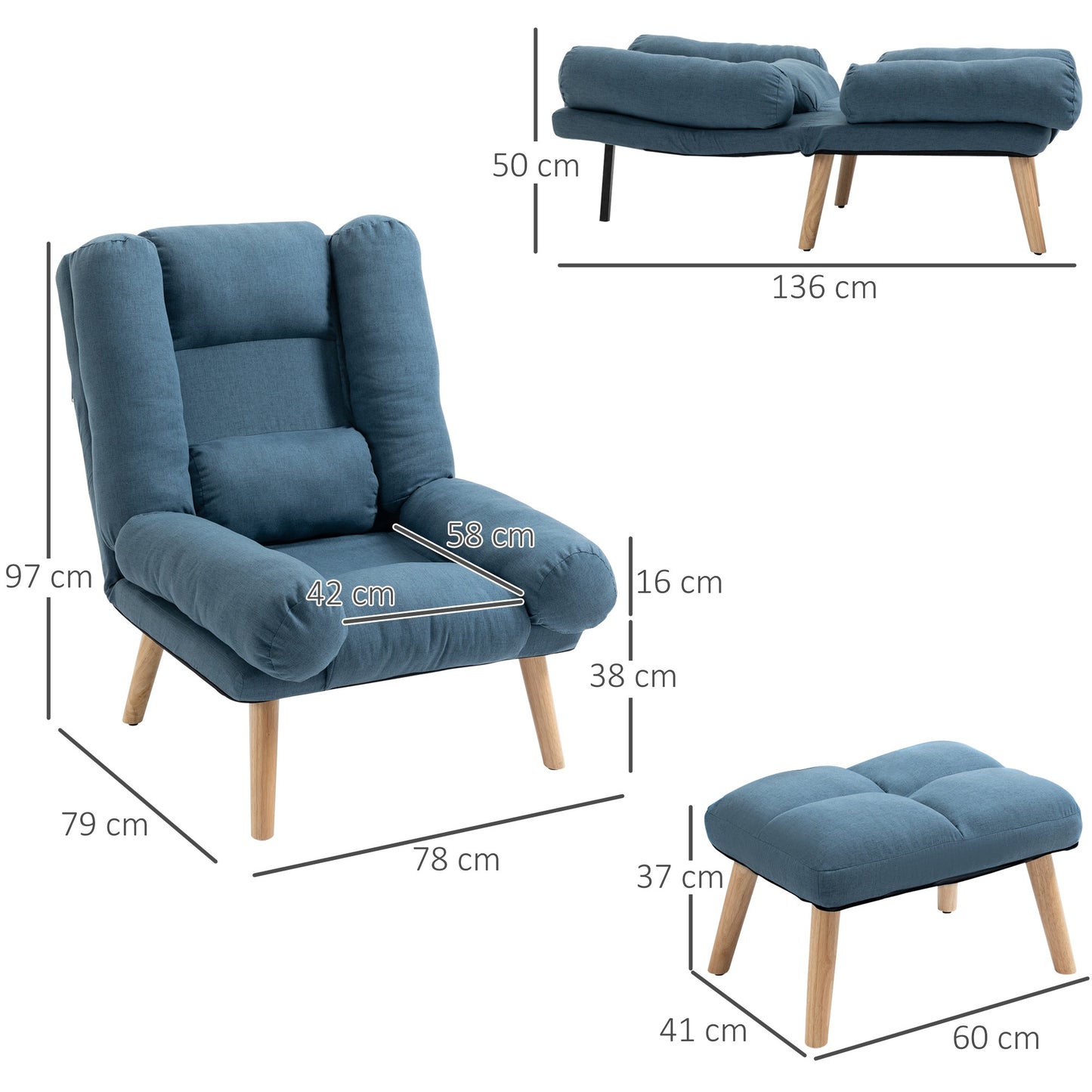 HOMCOM Armchair with Footstool, 180Â° Recliner with Ottoman, Accent Chair and Footstool with 3-Position Adjustable Backrest and Wooden Legs for Living Room, Blue - ChairwayUK