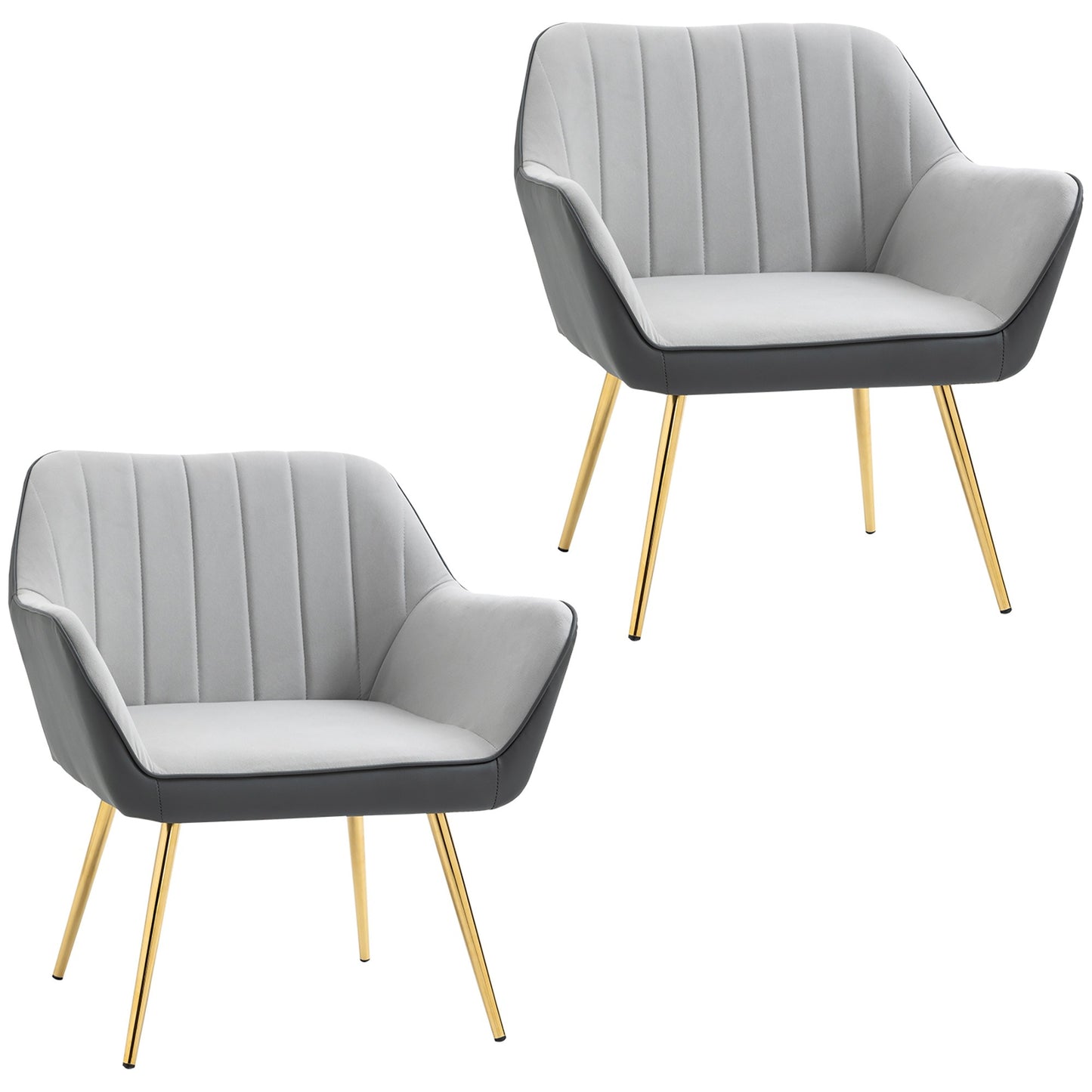 Velvet Armchairs, Upholstered Accent Chairs with Golden Steel Legs, Modern Vanity Chairs for Living Room and Bedroom, Set of 2, Light Grey