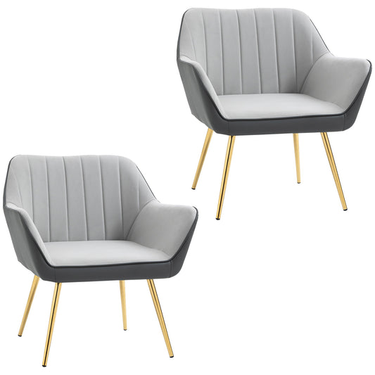 Velvet Armchairs, Upholstered Accent Chairs with Golden Steel Legs, Modern Vanity Chairs for Living Room and Bedroom, Set of 2, Light Grey