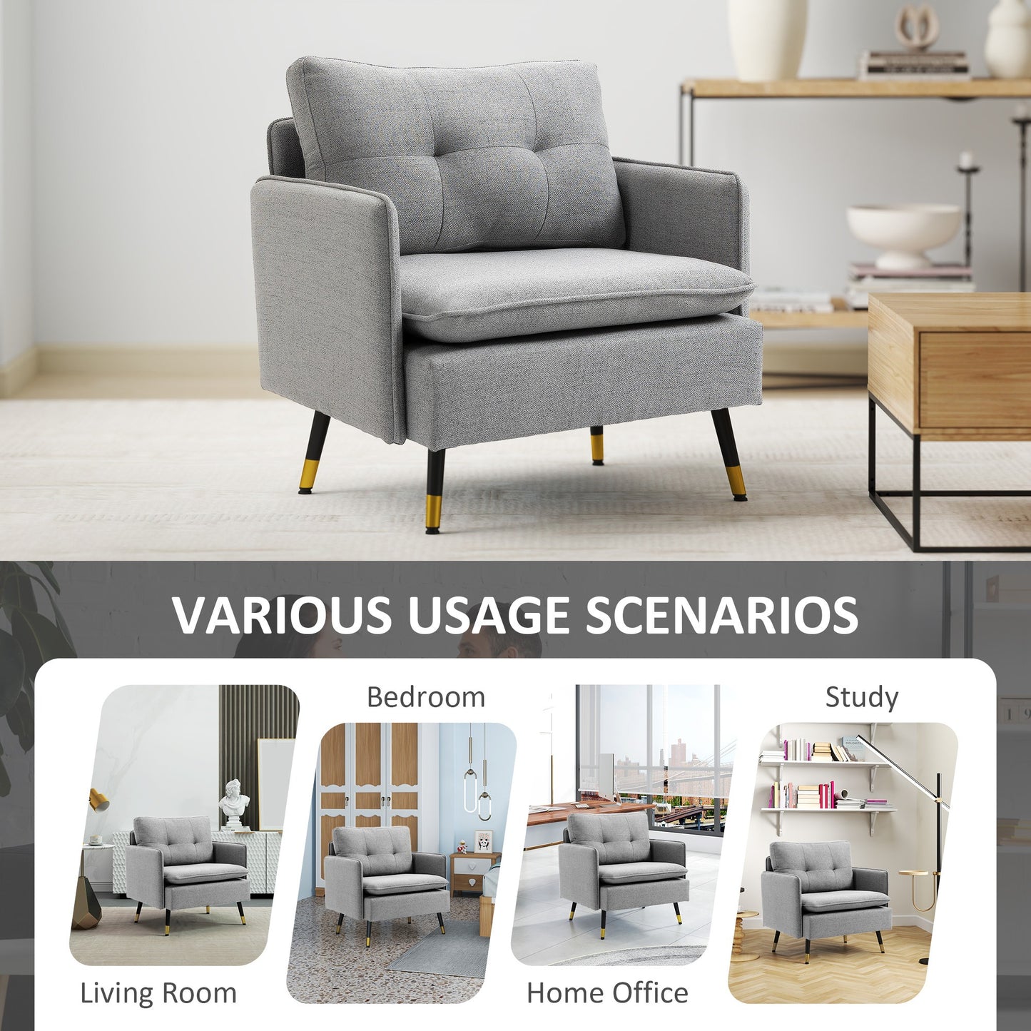 Modern Accent Chair, Upholstered Button Tufted Occasional Chair for Living Room and Bedroom, Grey - ChairwayUK