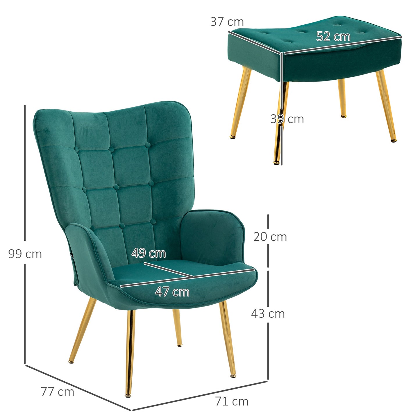 Modern Armchair with Footstool, Upholstered Accent Chair with Ottoman, Steel Legs, Velvet Wingback Chair for Living Room, Bedroom, Home Study