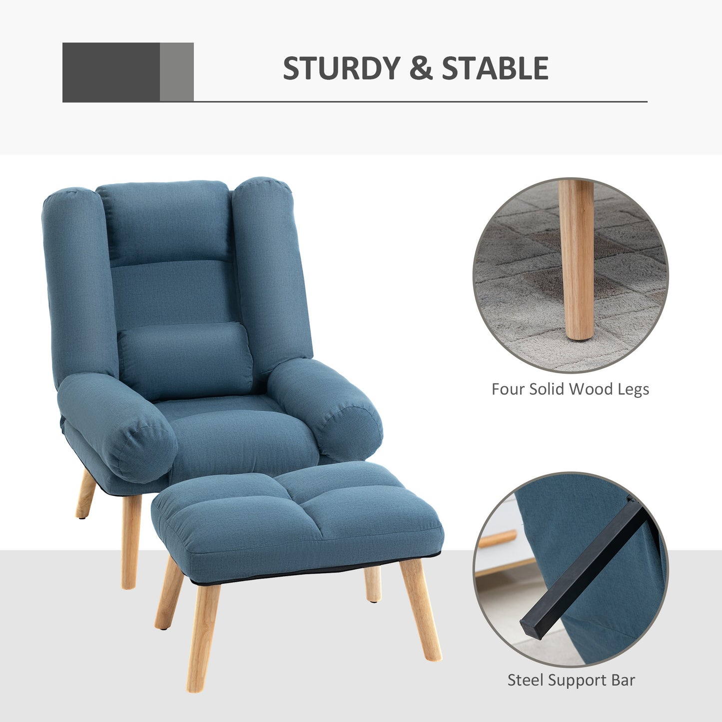 HOMCOM Armchair with Footstool, 180Â° Recliner with Ottoman, Accent Chair and Footstool with 3-Position Adjustable Backrest and Wooden Legs for Living Room, Blue - ChairwayUK