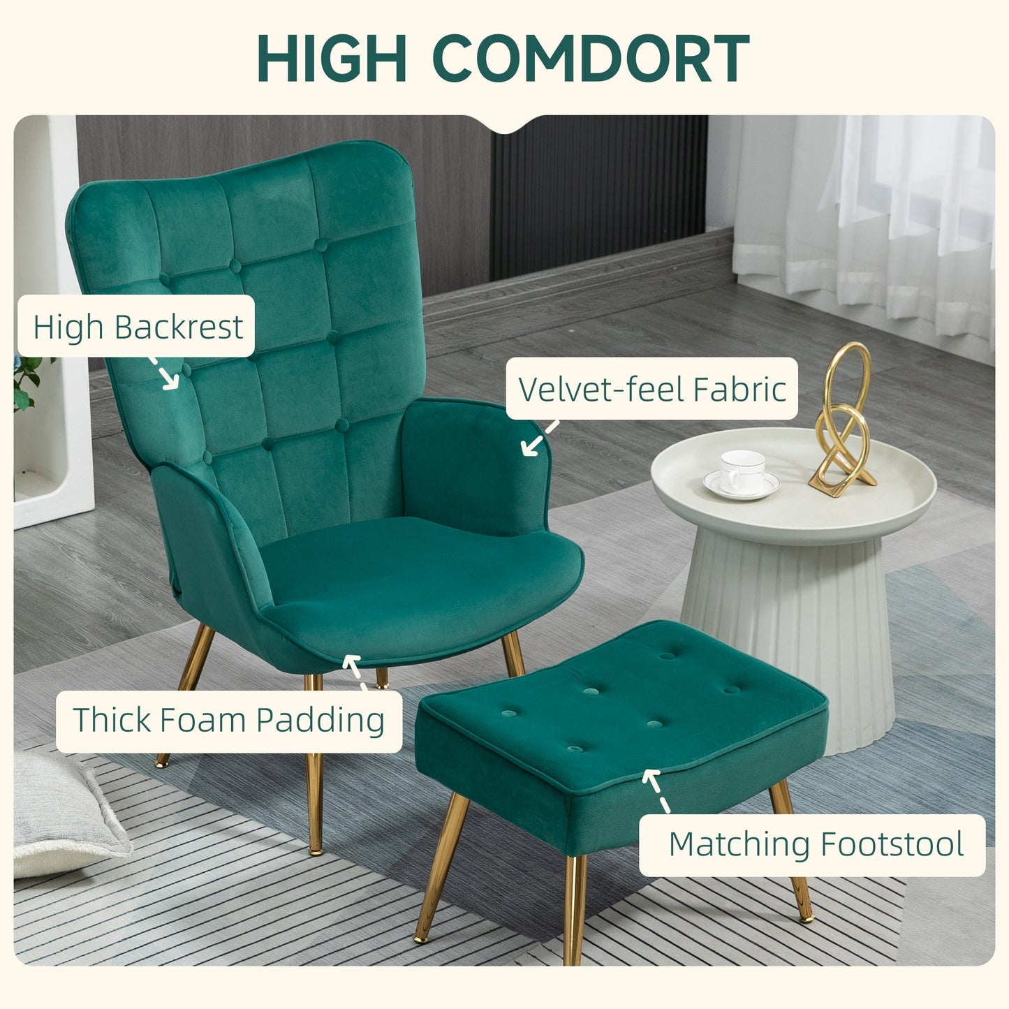 Modern Armchair with Footstool, Upholstered Accent Chair with Ottoman, Steel Legs, Velvet Wingback Chair for Living Room, Bedroom, Home Study