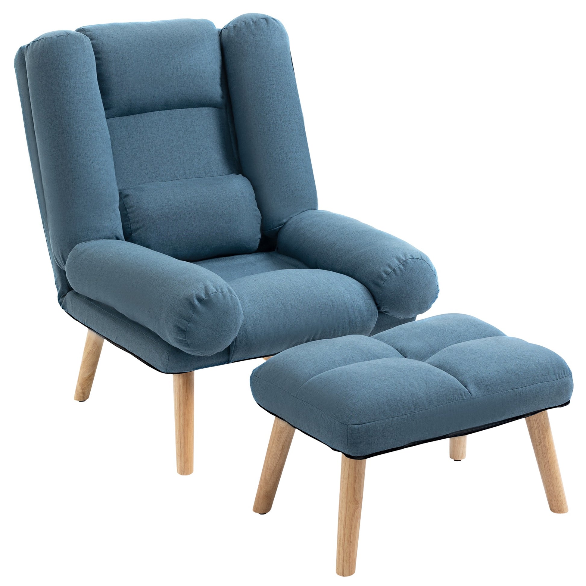 HOMCOM Armchair with Footstool, 180Â° Recliner with Ottoman, Accent Chair and Footstool with 3-Position Adjustable Backrest and Wooden Legs for Living Room, Blue - ChairwayUK