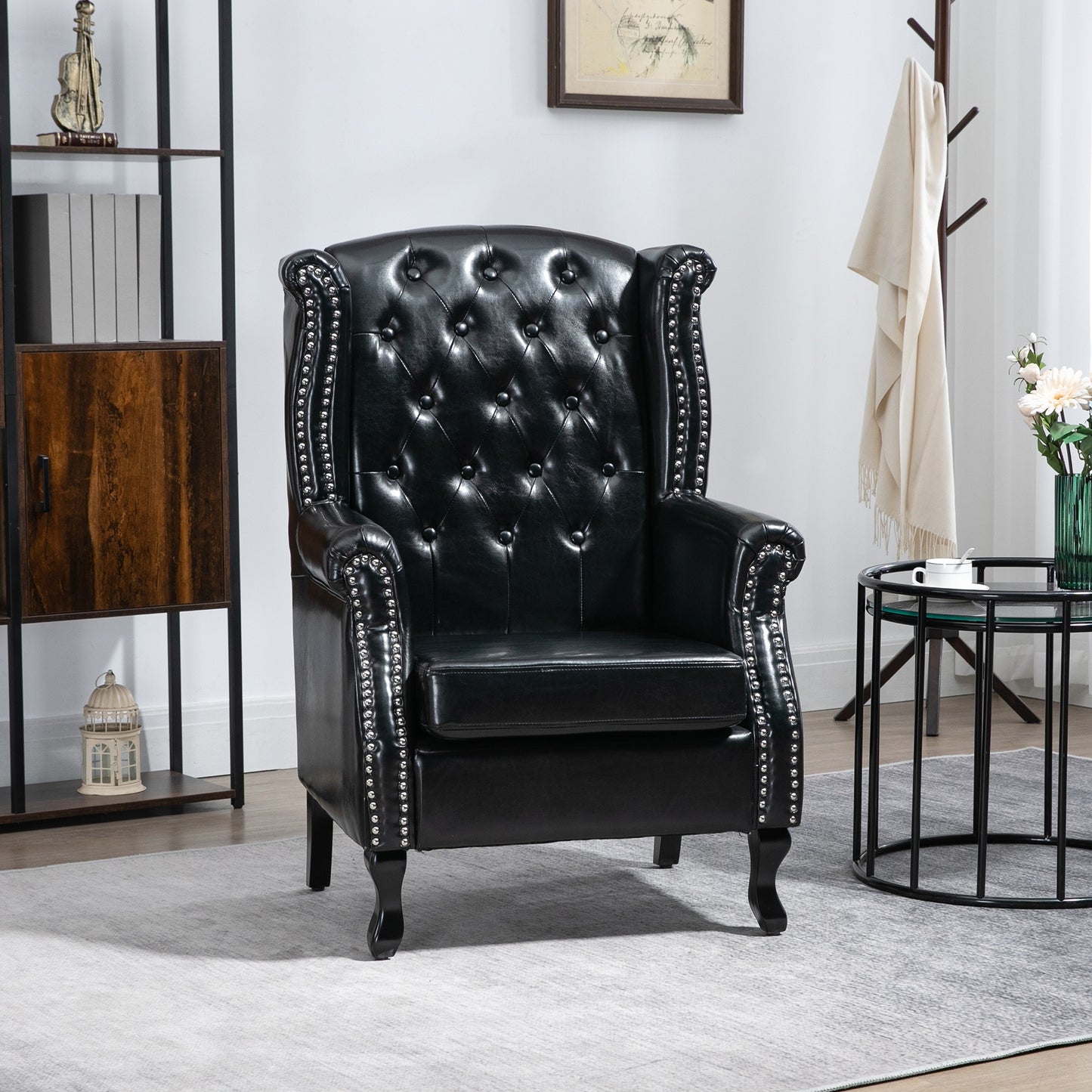 HOMCOM Wingback Accent Chair Tufted Chesterfield-style Armchair with Nail Head Trim for Living Room Bedroom - ChairwayUK