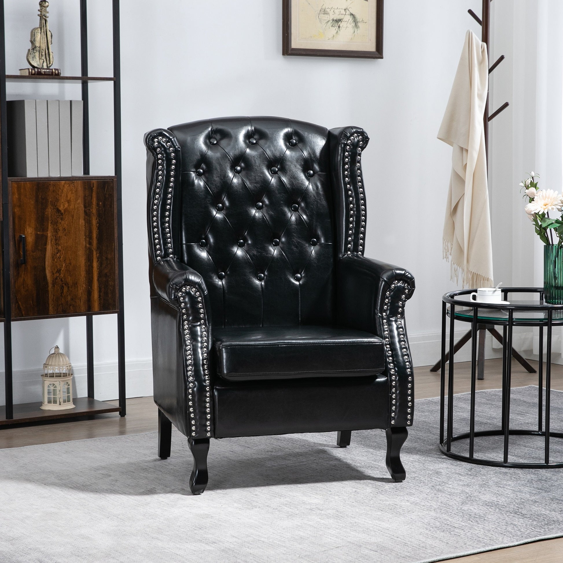 HOMCOM Wingback Accent Chair Tufted Chesterfield-style Armchair with Nail Head Trim for Living Room Bedroom - ChairwayUK