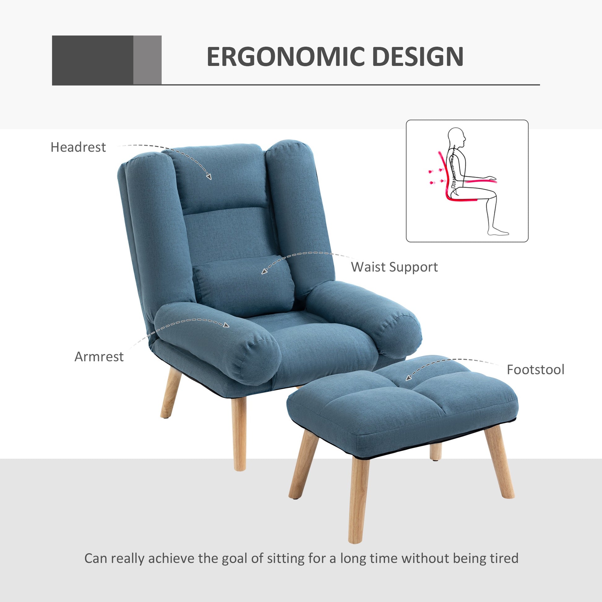 HOMCOM Armchair with Footstool, 180Â° Recliner with Ottoman, Accent Chair and Footstool with 3-Position Adjustable Backrest and Wooden Legs for Living Room, Blue - ChairwayUK