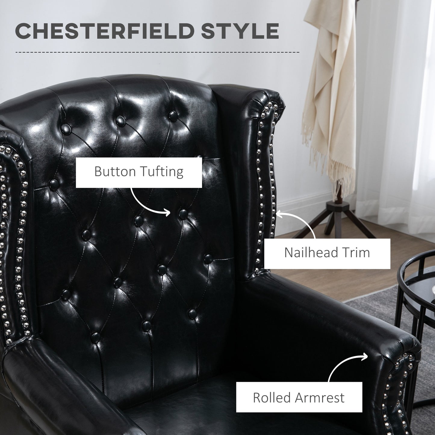 HOMCOM Wingback Accent Chair Tufted Chesterfield-style Armchair with Nail Head Trim for Living Room Bedroom - ChairwayUK