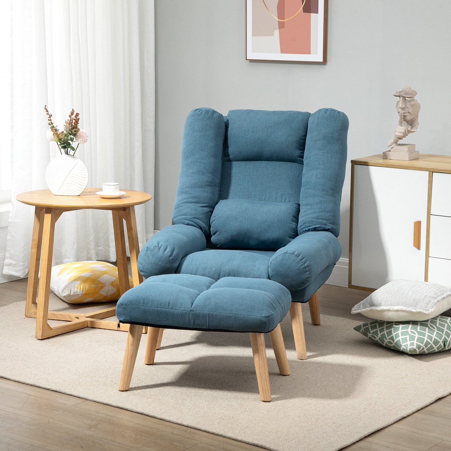 HOMCOM Armchair with Footstool, 180Â° Recliner with Ottoman, Accent Chair and Footstool with 3-Position Adjustable Backrest and Wooden Legs for Living Room, Blue - ChairwayUK