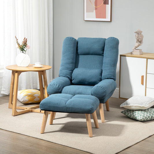 HOMCOM Armchair with Footstool, 180Â° Recliner with Ottoman, Accent Chair and Footstool with 3-Position Adjustable Backrest and Wooden Legs for Living Room, Blue