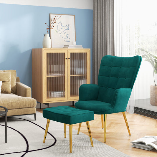 Modern Armchair with Footstool, Upholstered Accent Chair with Ottoman, Steel Legs, Velvet Wingback Chair for Living Room, Bedroom, Home Study
